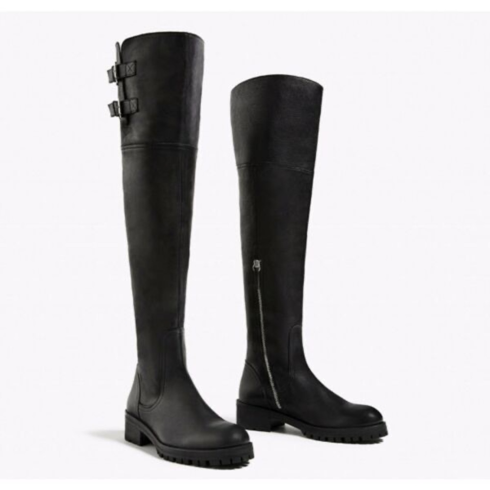 ZARA BLACK LEATHER OVER THE KNEE BOOTS ZIP/BUCKLE